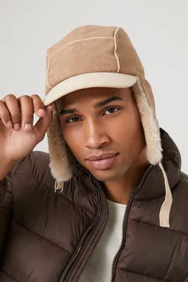 Men Faux Fur-Lined Trapper Hat in Taupe/Cream