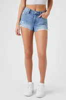 Women's Distressed Mid-Rise Denim Shorts in Medium Denim, 28