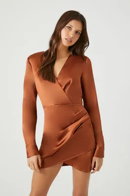 Women's Satin Surplice Tulip-Hem Mini Dress in Chestnut Medium