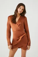 Women's Satin Surplice Tulip-Hem Mini Dress in Chestnut Medium