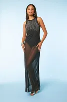 Women's Sheer Mesh Rhinestone Maxi Dress in Black/Silver Small