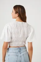 Women's Shirred Puff-Sleeve Crop Top in White Large