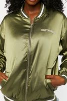 Women's Satin Embroidered Bomber Jacket in Olive/White Medium