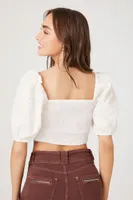 Women's Smocked Floral Eyelet Crop Top in White Small