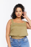 Women's Lace Trim Crop Top in Olive, 2X