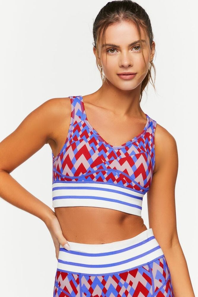 Forever 21 Women's Seamless Geo Print Longline Sports Bra in High Risk Red/Blue  Small
