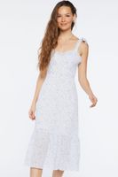 Women's Ditsy Floral Tie-Strap Midi Dress in White/Blue Small