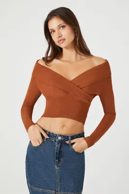 Women's Off-the-Shoulder Crossover Sweater in Rust Medium