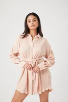 Women's Plisse Tie-Waist Shirt Dress in Taupe Small