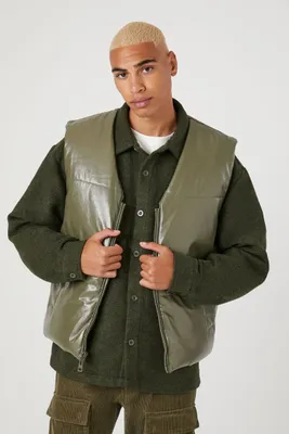 Men Faux Leather Zip-Up Vest in Olive Large