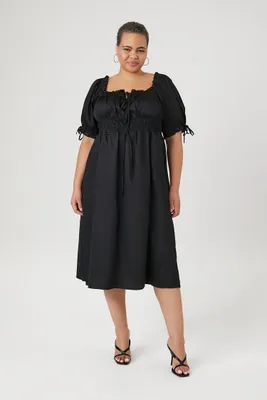 Women's Puff-Sleeve Midi Dress in Black, 1X