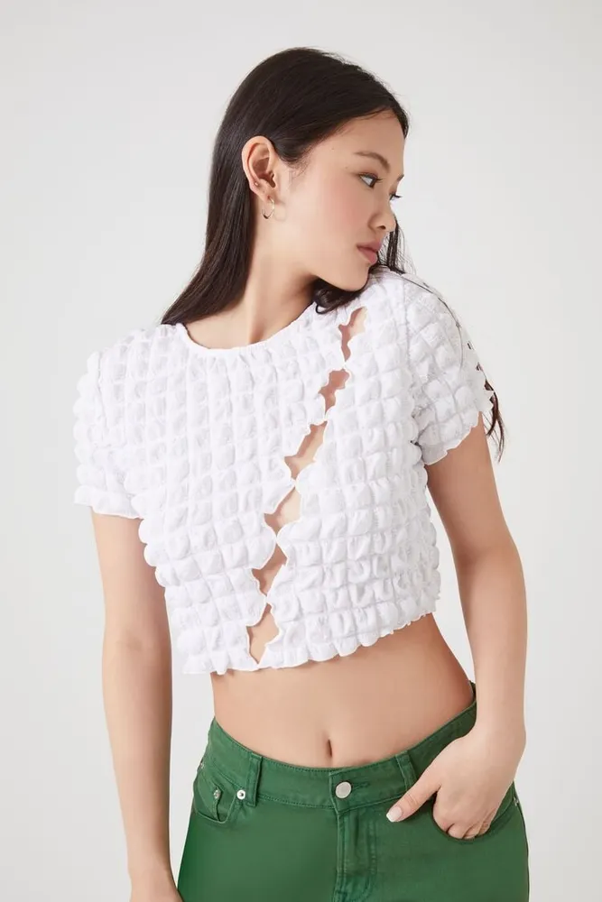 Women's Textured Cutout Crop Top in White Small