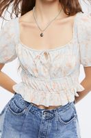 Women's Floral Print Puff-Sleeve Crop Top in Mint Medium