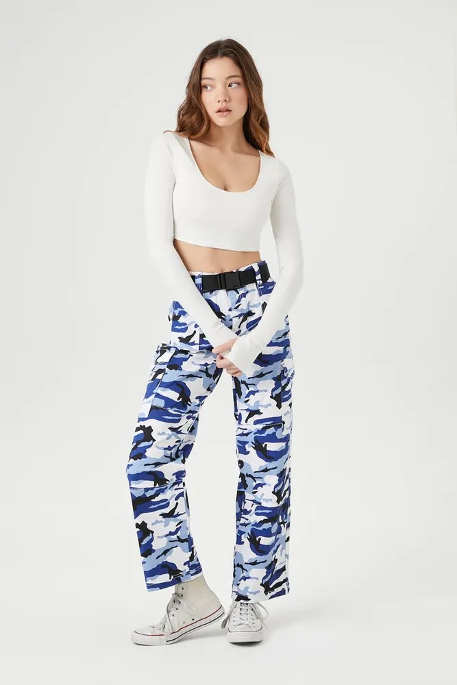 Women's Camo Print Cargo Pants in Blue, XL