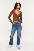 Women's V-Neck Button-Front Crop Top in Chocolate Medium