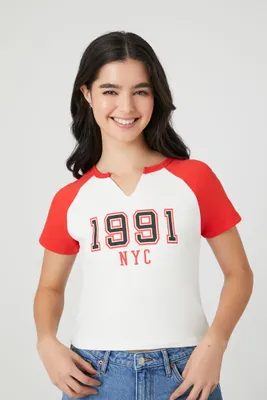 Women's 1991 NYC Graphic Raglan T-Shirt in White, XS
