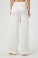 Women's Satin Faux Fur-Trim Pants in Ivory, XS