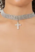 Women's Rhinestone Cross Choker Necklace in Silver/Clear