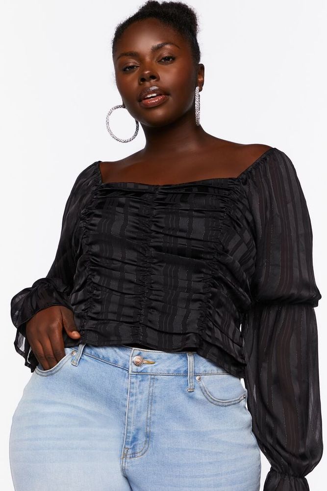 Women's Striped Peasant-Sleeve Top in Black, 1X