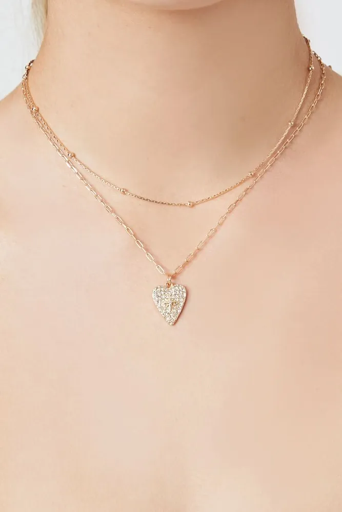 Women's Layered Rhinestone Heart Necklace in Gold