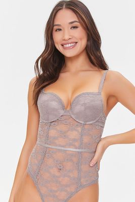 Women's Floral Lace Mesh Lingerie Bodysuit in Cappuccino Small