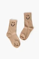 Kids Happy Face Graphic Crew Socks (Girls + Boys) in Tan/Black