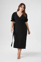 Women's Puff-Sleeve Midi Wrap Dress in Black, 3X