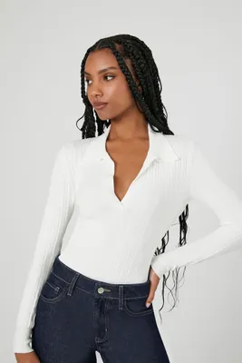 Women's Ribbed Sweater-Knit Bodysuit in Cream, XS
