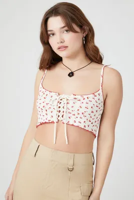 Women's Cherry Print Lace-Up Cami in White/Red, XS