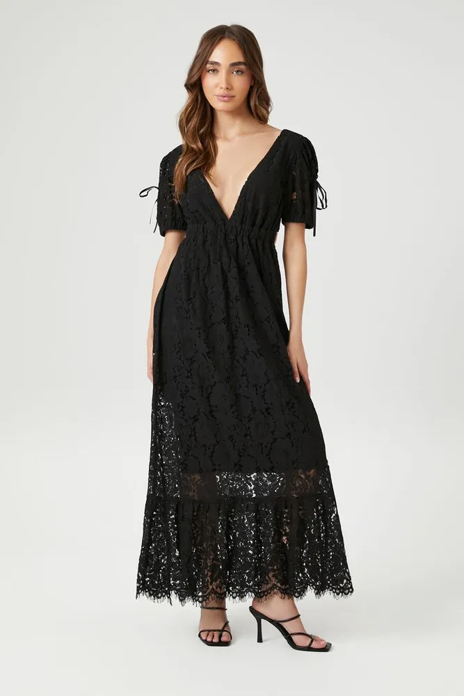 Women's Lace Flounce-Hem Maxi Dress in Black Small