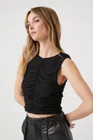 Women's Mesh Ruched Crop Top in Black Large