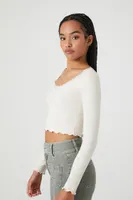 Women's Pointelle Knit Lettuce-Edge Crop Top in Birch Medium