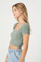 Women's Cropped Fuzzy Sweater-Knit T-Shirt in Green Haze, XL