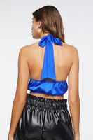 Women's Satin Plunging Halter Crop Top in Royal Medium