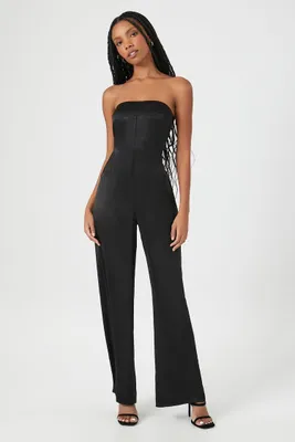 Women's Satin Strapless Wide-Leg Jumpsuit in Black Medium