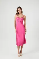 Women's Lace-Trim Satin Midi Slip Dress in Fuchsia Small