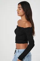 Women's Smocked Off-the-Shoulder Crop Top in Black Medium