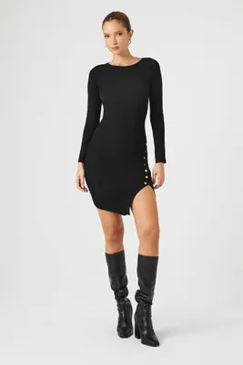 Women's Button-Front Midi Sweater Dress in Black Large