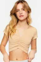 Women's Ruched Short-Sleeve Crop Top in Taupe, M/L