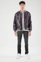 Men Faux Croc Varsity Bomber Jacket Eggplant