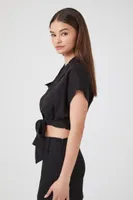 Women's Chambray Tie-Hem Crop Top in Black Small