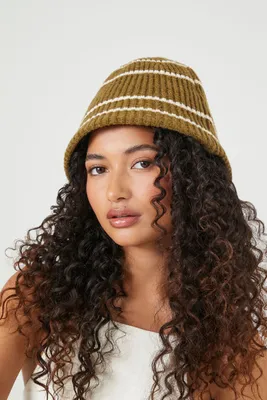 Striped Rib-Knit Beanie in Olive/Cream