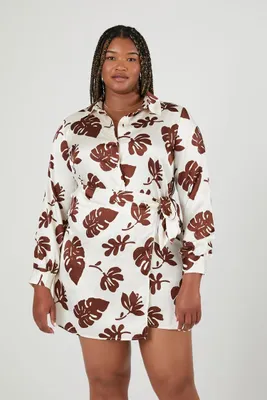 Women's Satin Tropical Print Wrap Dress Brown,