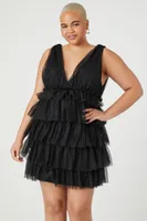 Women's Tiered Mesh Mini Dress in Black, 1X