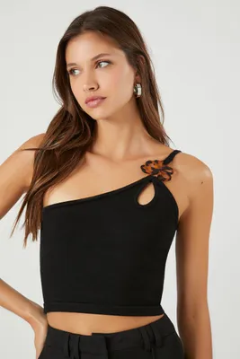 Women's One-Shoulder Flower Cropped Cami in Black Medium