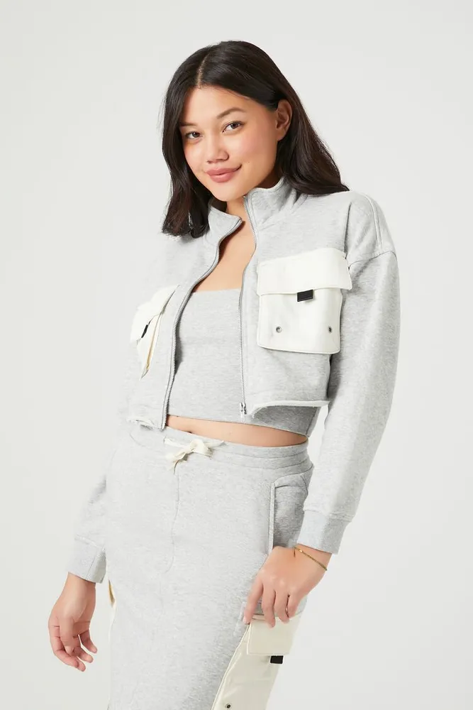 Women's French Terry Colorblock Cropped Jacket in Grey Small