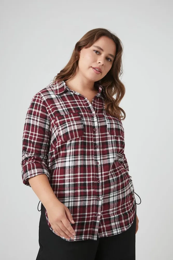 Women's Plaid Flannel Shirt in Burgundy/White, 3X