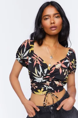 Women's Tropical Print Puff-Sleeve Top in Black Small