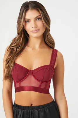 Women's Mesh Polka Dot Underwire Bra in Burgundy Small