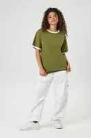 Women's Oversized Ringer T-Shirt in Olive/White Small